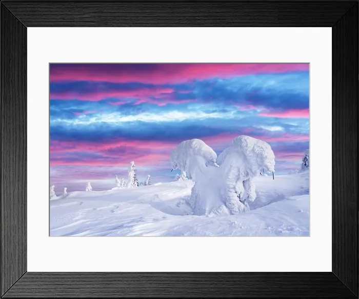 Framed Print : Fantastic winter landscape with snowy trees and sunrise pink sky. Lapland, Finland, Europe. Christmas holiday concept Framed Print : Fantastic winter landscape with snowy trees and sunrise pink sky. Lapland, Finland, Europe. Christmas holiday concept