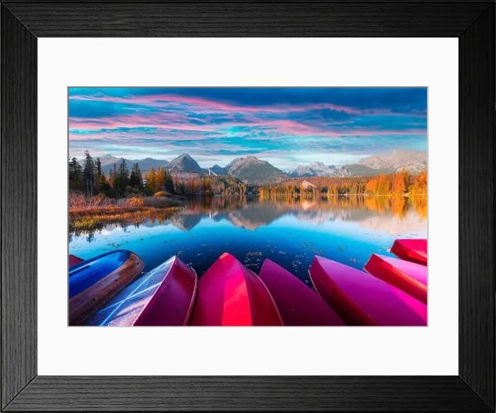 Framed Print : Picturesque autumn view of lake Strbske pleso in High Tatras National Park, Slovakia. Row of red wooden boats and high mountains on background Framed Print : Picturesque autumn view of lake Strbske pleso in High Tatras National Park, Slovakia. Row of red wooden boats and high mountains on background