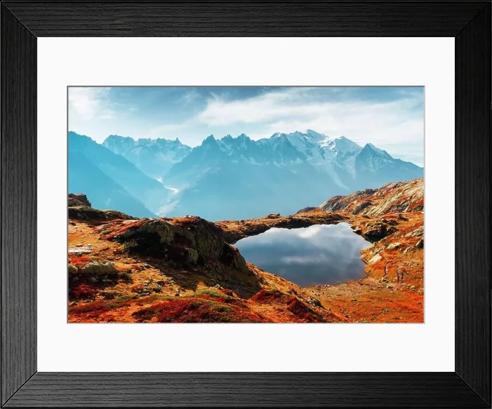 Framed Print : Colourful sunset on Chesery lake (Lac De Cheserys) in France Alps. Monte Bianco mountain range on background. Chamonix, Graian Alps Framed Print : Colourful sunset on Chesery lake (Lac De Cheserys) in France Alps. Monte Bianco mountain range on background. Chamonix, Graian Alps