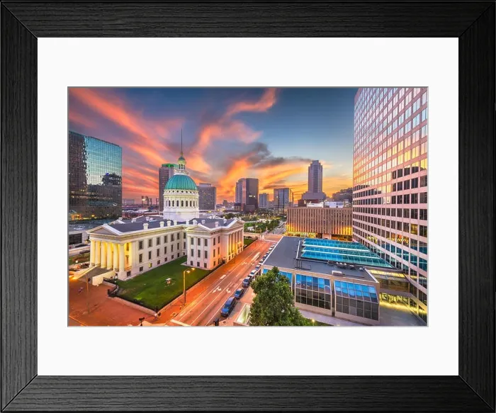 Framed Print : St. Louis, Missouri, USA downtown cityscape with the old courthouse at dusk Framed Print : St. Louis, Missouri, USA downtown cityscape with the old courthouse at dusk