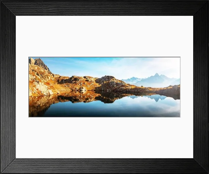 Framed Print : Picturesque panorama of Chesery lake (Lac De Cheserys) and snowy Monte Bianco mountains range on background, Chamonix, France Alps