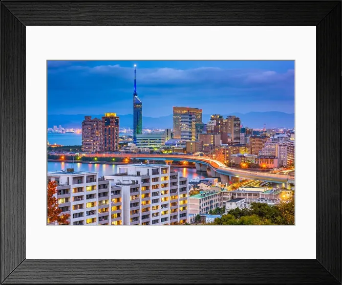 Framed Print : Fukuoka, Japan cityscape of the Momochihama area at dusk Framed Print : Fukuoka, Japan cityscape of the Momochihama area at dusk