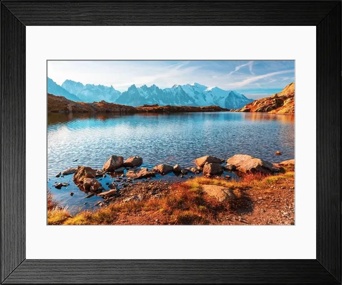 Framed Print : Picturesque view of Chesery lake (Lac De Cheserys) and snowy Monte Bianco mountains range on background, Chamonix, France Alps. Landscape photography Framed Print : Picturesque view of Chesery lake (Lac De Cheserys) and snowy Monte Bianco mountains range on background, Chamonix, France Alps. Landscape photography