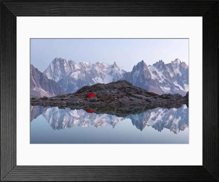 Framed Print : Red tent on Lac Blanc lake coast in France Alps. Monte Bianco mountains range on background. Landscape photography, Chamonix Framed Print : Red tent on Lac Blanc lake coast in France Alps. Monte Bianco mountains range on background. Landscape photography, Chamonix
