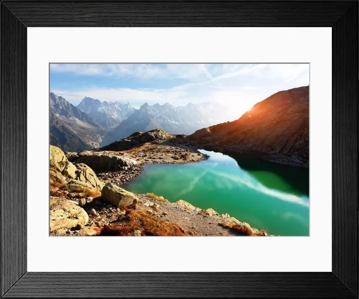 Framed Print : Incredible view of clear water and sky reflection on Lac Blanc lake in France Alps. Monte Bianco mountains range on background Framed Print : Incredible view of clear water and sky reflection on Lac Blanc lake in France Alps. Monte Bianco mountains range on background