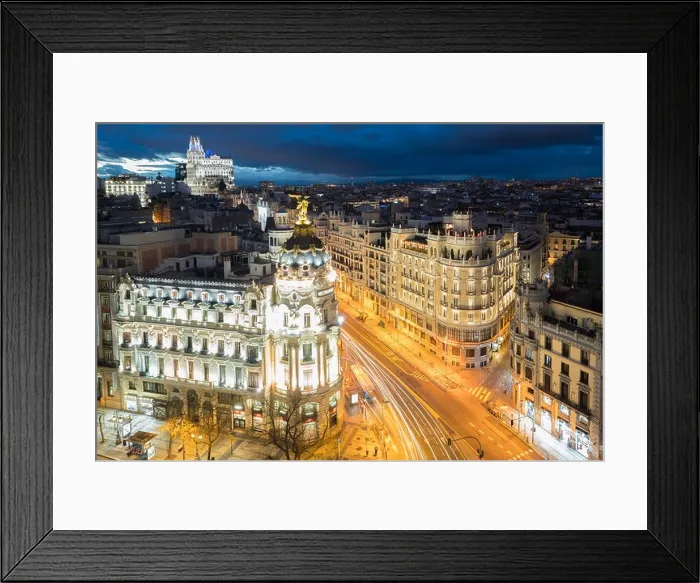Framed Print : Car and traffic lights on Gran via street, main shopping street in Madrid at night. Spain, Europe. Lanmark in Madrid, Spain Framed Print : Car and traffic lights on Gran via street, main shopping street in Madrid at night. Spain, Europe. Lanmark in Madrid, Spain
