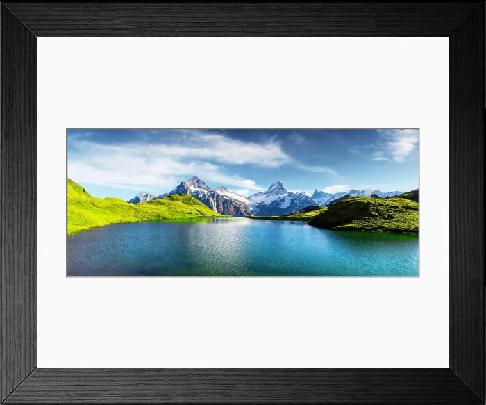Framed Print : Panorama of Bachalpsee lake in Swiss Alps mountains. Snowy peaks of Wetterhorn, Mittelhorn and Rosenhorn on background Framed Print : Panorama of Bachalpsee lake in Swiss Alps mountains. Snowy peaks of Wetterhorn, Mittelhorn and Rosenhorn on background