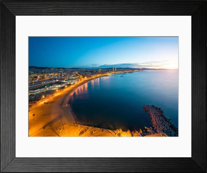 Framed Print : Aerial view of Barcelona Beach in summer night along seaside in Barcelona, Spain. Mediterranean Sea in Spain Framed Print : Aerial view of Barcelona Beach in summer night along seaside in Barcelona, Spain. Mediterranean Sea in Spain