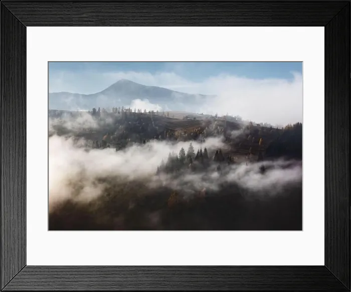 Framed Print : Amazing flowing morning fog in autumn mountains. Spruce forest trees in fantastic morning sunlight. Landscape photography Framed Print : Amazing flowing morning fog in autumn mountains. Spruce forest trees in fantastic morning sunlight. Landscape photography