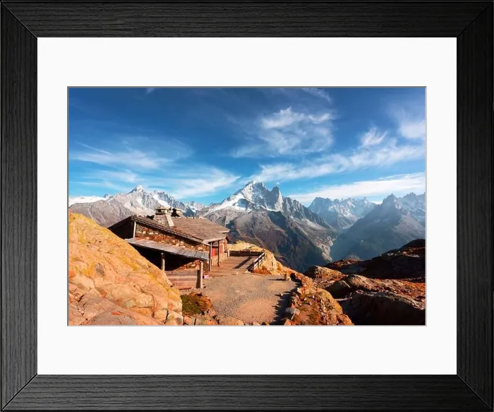 Framed Print : Cabin on Lac Blanc lake in France Alps. Monte Bianco mountain range on background. Vallon de Berard Nature Preserve, Chamonix, Graian Alps Framed Print : Cabin on Lac Blanc lake in France Alps. Monte Bianco mountain range on background. Vallon de Berard Nature Preserve, Chamonix, Graian Alps