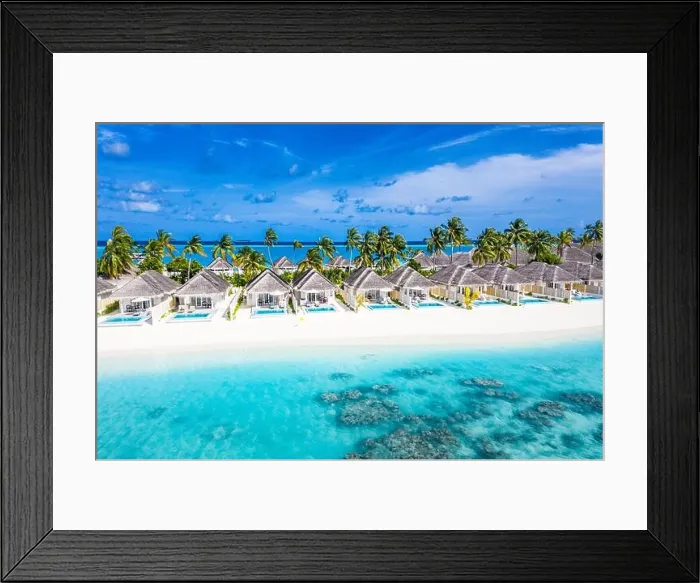Framed Print : Landscape of Maldives beach. Tropical panorama, luxury villa resort on paradise island coast. Luxury travel destination background summer vacation Framed Print : Landscape of Maldives beach. Tropical panorama, luxury villa resort on paradise island coast. Luxury travel destination background summer vacation