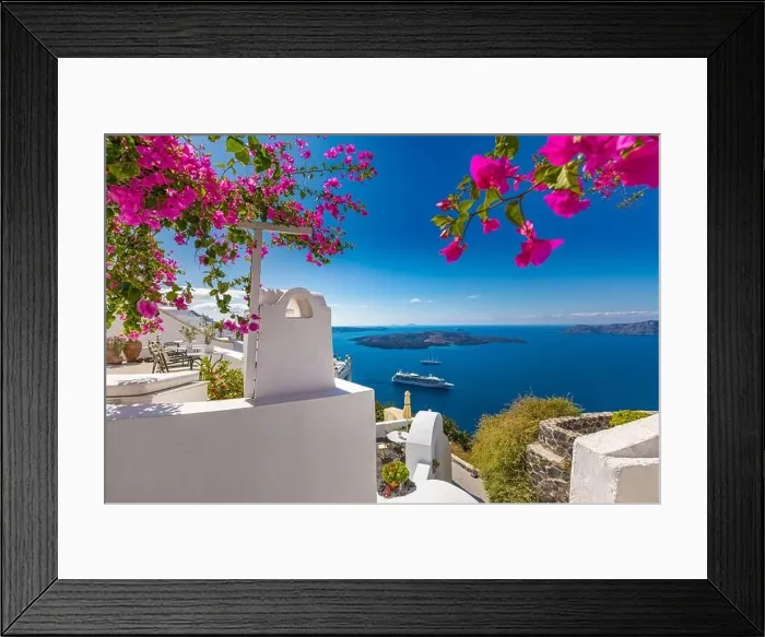 Framed Print : White architecture on Santorini island, Greece. Beautiful luxury landscape with sea view over flowers. Amazing, summer travel vacation destination Framed Print : White architecture on Santorini island, Greece. Beautiful luxury landscape with sea view over flowers. Amazing, summer travel vacation destination