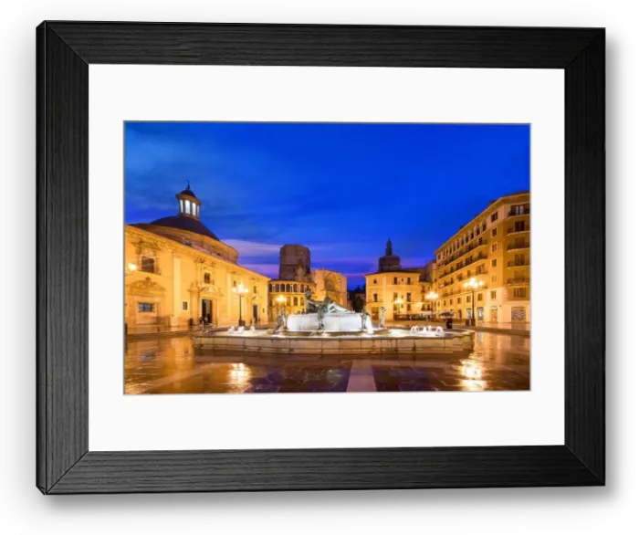 Framed Print : Fountain Rio Turia on Square of the Virgin Saint Mary, Valencia Cathedral, Basilica of Virgen the Helpless at night in Valencia, Spain Framed Print : Fountain Rio Turia on Square of the Virgin Saint Mary, Valencia Cathedral, Basilica of Virgen the Helpless at night in Valencia, Spain