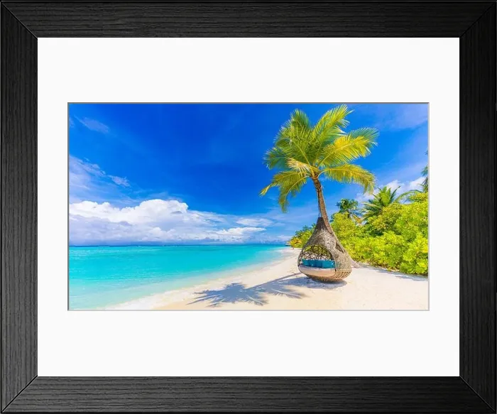 Framed Print : Tropical beach paradise as summer landscape, beach swing hammock and white sand, calm sea serene beach. Luxury beach resort hotel vacation holiday Framed Print : Tropical beach paradise as summer landscape, beach swing hammock and white sand, calm sea serene beach. Luxury beach resort hotel vacation holiday