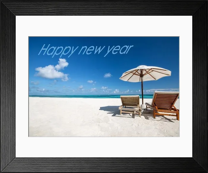 Framed Print : Happy new year written in the sky. Artistic summer beach holiday with new years eve concept Framed Print : Happy new year written in the sky. Artistic summer beach holiday with new years eve concept