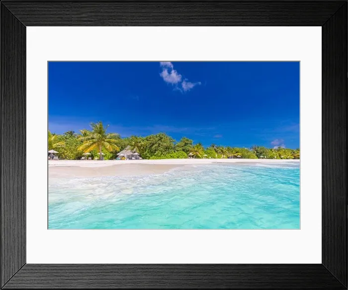 Framed Print : Amazing beach with palm trees sea sand sky. Stunning summer vacation travel holiday panoramic shore, coast. Maldives paradise beach. Luxury resort