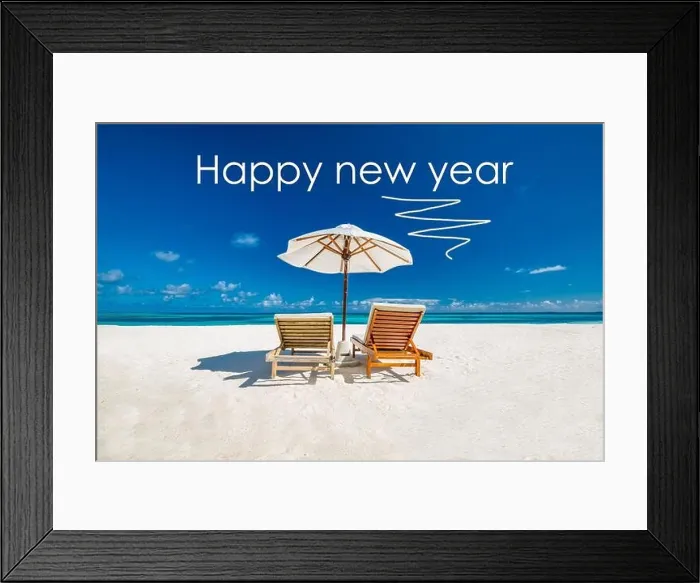 Framed Print : Happy new year written in the sky. Artistic summer beach holiday with new years eve concept Framed Print : Happy new year written in the sky. Artistic summer beach holiday with new years eve concept