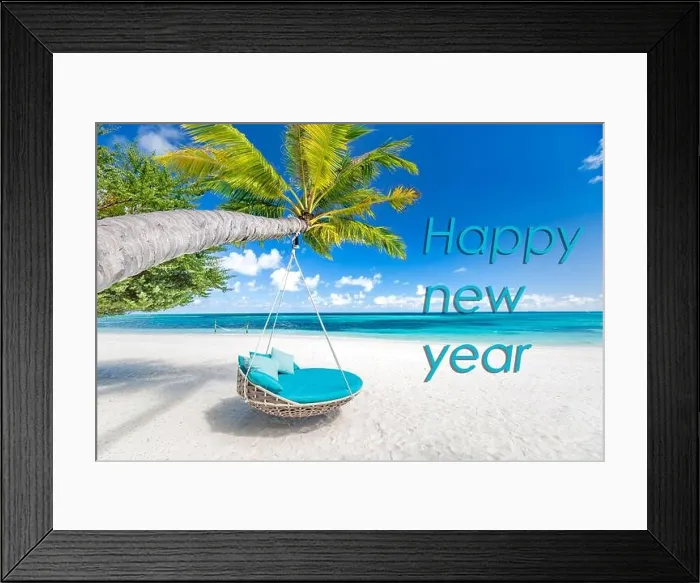 Framed Print : Happy new year written in the sky. Artistic summer beach holiday with new years eve concept Framed Print : Happy new year written in the sky. Artistic summer beach holiday with new years eve concept
