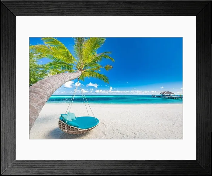 Framed Print : Tropical beach background as summer landscape with beach swing hammock white sand and calm sea for beach banner. Perfect beach scene vacation holiday Framed Print : Tropical beach background as summer landscape with beach swing hammock white sand and calm sea for beach banner. Perfect beach scene vacation holiday