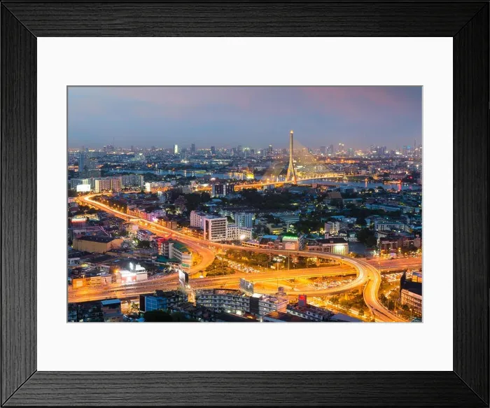 Framed Print : Bangkok cityscape at dusk. Landscape of Bangkok business building around downtown. Modern high building in business district area at night in Thailand