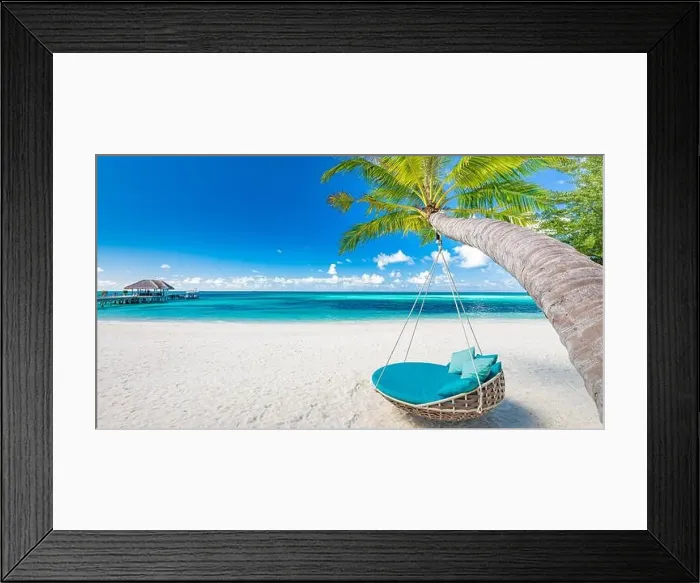 Framed Print : Tropical beach background as summer landscape with beach swing hammock white sand and calm sea for beach banner. Perfect beach scene vacation holiday Framed Print : Tropical beach background as summer landscape with beach swing hammock white sand and calm sea for beach banner. Perfect beach scene vacation holiday