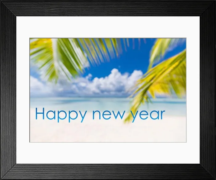 Framed Print : Happy new year written in the sky. Artistic summer beach holiday with new years eve concept Framed Print : Happy new year written in the sky. Artistic summer beach holiday with new years eve concept