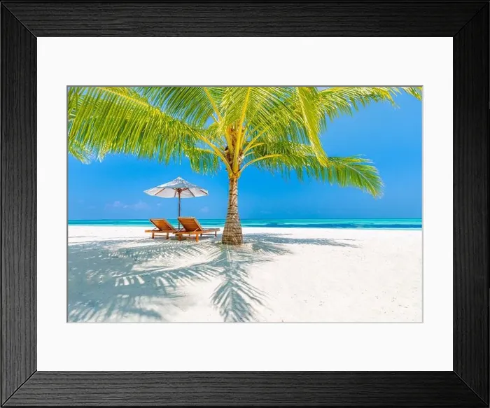 Framed Print : Tropical beach nature as summer landscape with lounge chairs and palm trees and calm sea for beach banner. Luxurious amazing travel landscape scenic Framed Print : Tropical beach nature as summer landscape with lounge chairs and palm trees and calm sea for beach banner. Luxurious amazing travel landscape scenic
