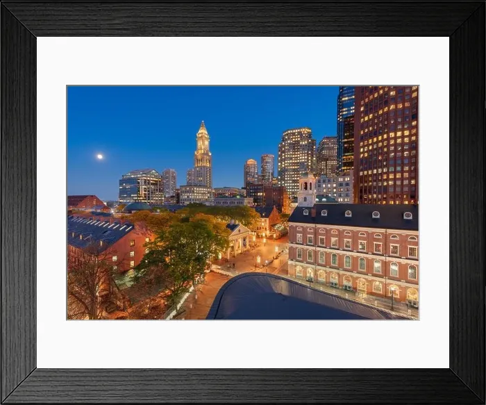 Framed Print : Boston, Massachusetts, USA skyline with Faneuil Hall and Quincy Market at dusk Framed Print : Boston, Massachusetts, USA skyline with Faneuil Hall and Quincy Market at dusk
