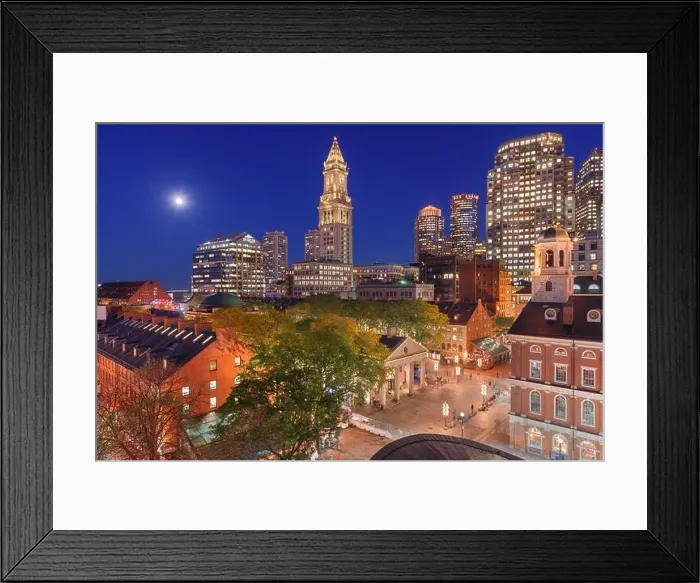 Framed Print : Boston, Massachusetts, USA skyline with Faneuil Hall and Quincy Market at dusk Framed Print : Boston, Massachusetts, USA skyline with Faneuil Hall and Quincy Market at dusk