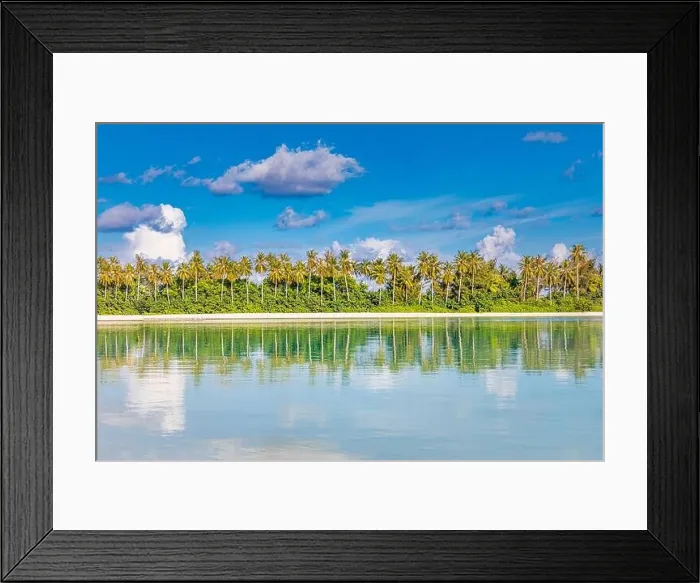 Framed Print : Landscape reflections of coconut trees in perfect symmetry, sunny tropical island beach. Meditation wallpaper, balance in nature, beauty in nature