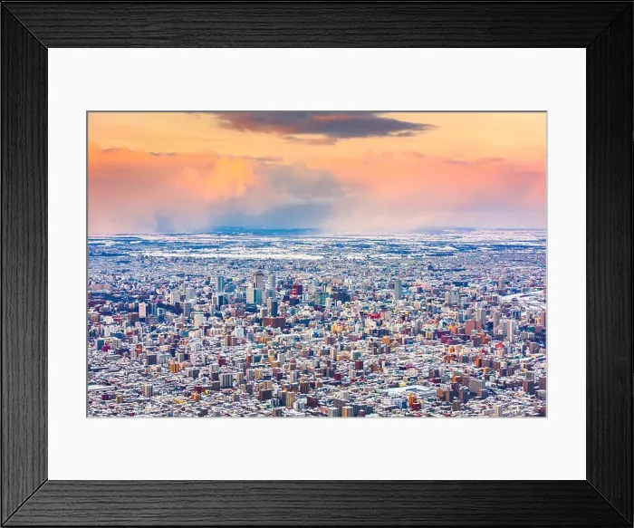 Framed Print : Sapporo, Japan winter skyline view from the mountains at dusk Framed Print : Sapporo, Japan winter skyline view from the mountains at dusk