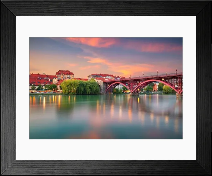 Framed Print : Maribor, Slovenia. Cityscape image of Maribor, Slovenia at beautiful summer sunset with reflection of the city in Drava River Framed Print : Maribor, Slovenia. Cityscape image of Maribor, Slovenia at beautiful summer sunset with reflection of the city in Drava River