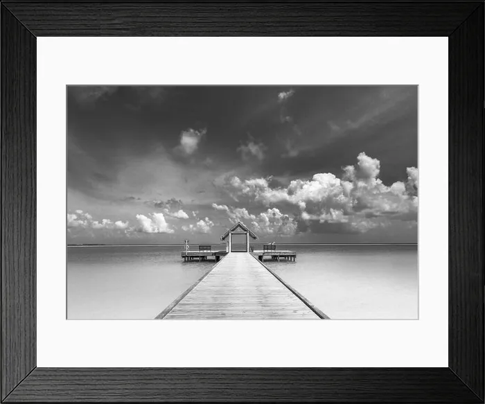 Framed Print : Perfect black and white beach scene. Sunset, sunrise silhouette of coconut palm tree with sun loungers and umbrella. Abstract, artistic holiday