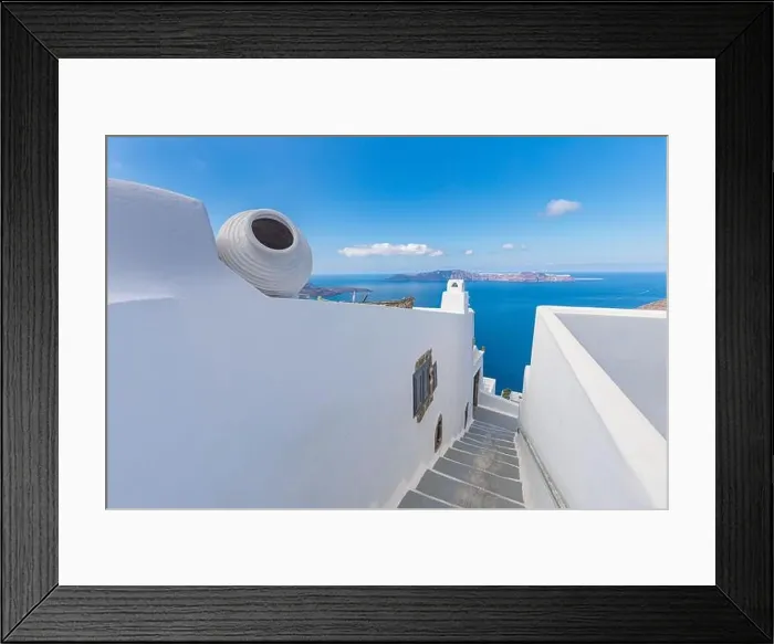 Framed Print : Santorini, Greece. Picturesque view of traditional cycladic Santorini houses on cliff, steps with endless sea view. Amazing travel landscape, idyllic Framed Print : Santorini, Greece. Picturesque view of traditional cycladic Santorini houses on cliff, steps with endless sea view. Amazing travel landscape, idyllic