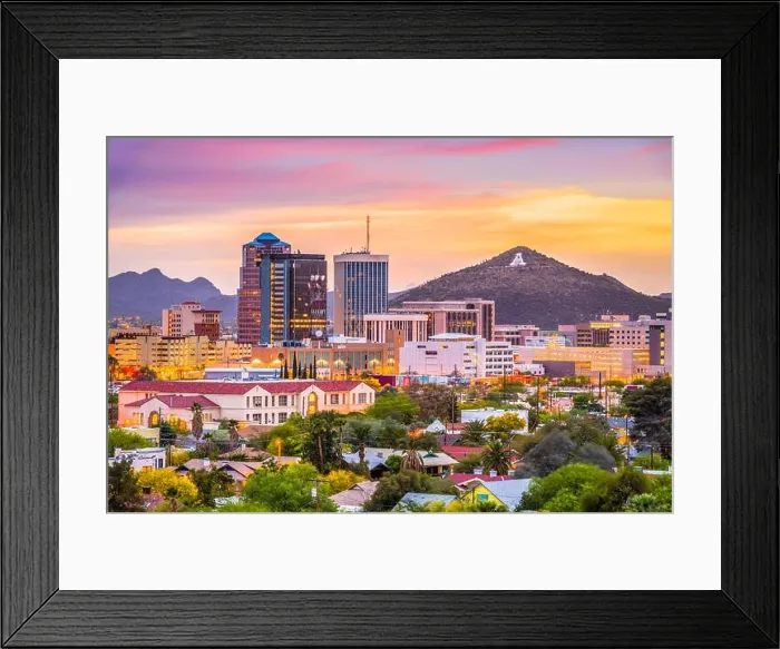Framed Print : Tucson, Arizona, USA downtown skyline with Sentinel Peak at dusk. (Mountaintop A for Arizona') Framed Print : Tucson, Arizona, USA downtown skyline with Sentinel Peak at dusk. (Mountaintop A for Arizona')