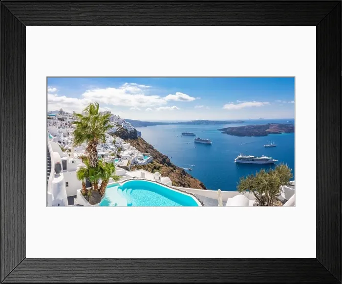 Framed Print : View of caldera and swimming pool, typical white architecture, romantic village on Santorini island, Greece. Summer vacation, cruise ships, sea view Framed Print : View of caldera and swimming pool, typical white architecture, romantic village on Santorini island, Greece. Summer vacation, cruise ships, sea view