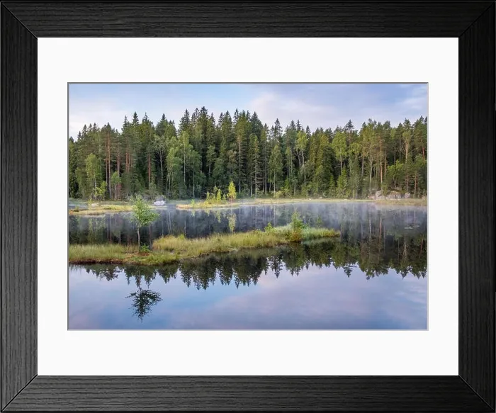 Framed Print : Autumn landscape with reflections and fog at moody morning in Nuuksio National Park, Finland