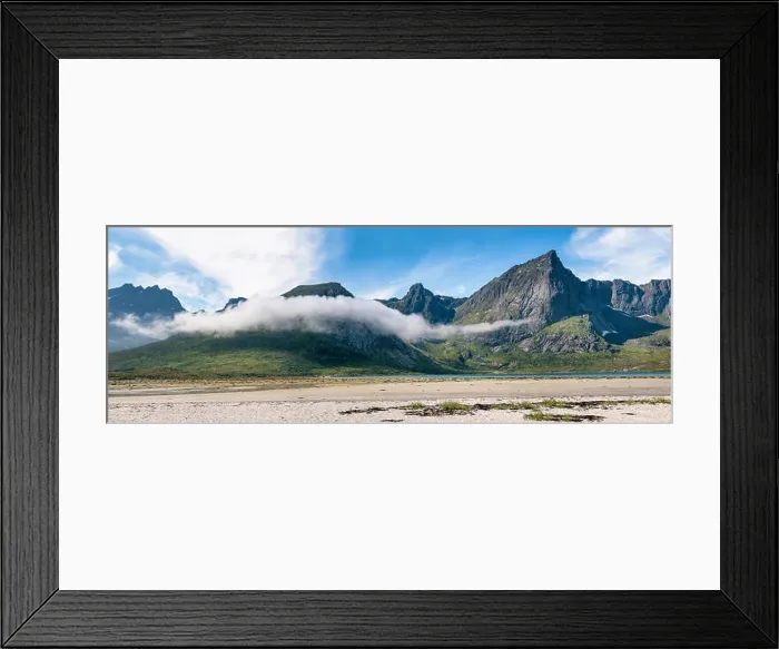 Framed Print : Scenic mountain landscape with low clouds at sunny summer day in Lofoten Islands, Norway Framed Print : Scenic mountain landscape with low clouds at sunny summer day in Lofoten Islands, Norway