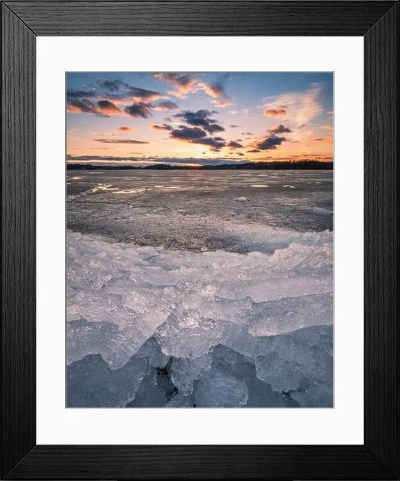 Framed Print : Scenic spring landscape with melting ice and sunset at evening time in Finland Framed Print : Scenic spring landscape with melting ice and sunset at evening time in Finland