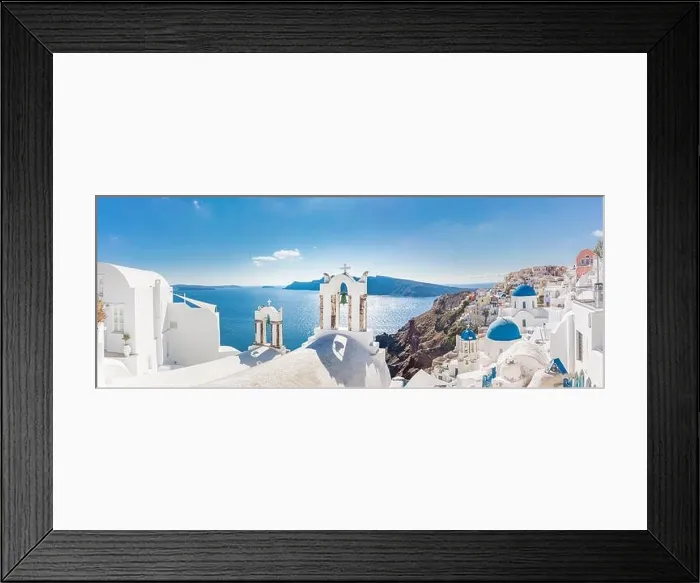 Framed Print : Amazingly beautiful travel landscape, summer scenery in Santorini, Greece. Blue sky and sea view with white architecture, inspirational vacation photo Framed Print : Amazingly beautiful travel landscape, summer scenery in Santorini, Greece. Blue sky and sea view with white architecture, inspirational vacation photo