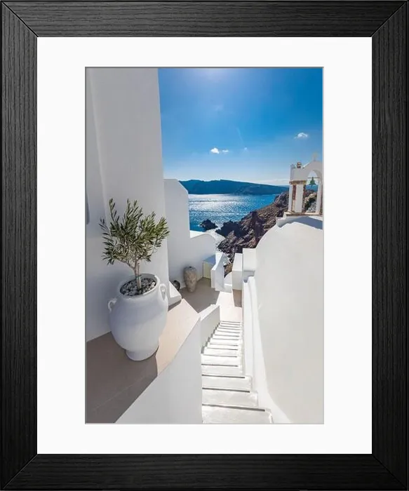 Framed Print : Santorini, Greece. Picturesque view of traditional cycladic Santorini houses on cliff, steps with endless sea view. Amazing travel landscape, idyllic Framed Print : Santorini, Greece. Picturesque view of traditional cycladic Santorini houses on cliff, steps with endless sea view. Amazing travel landscape, idyllic