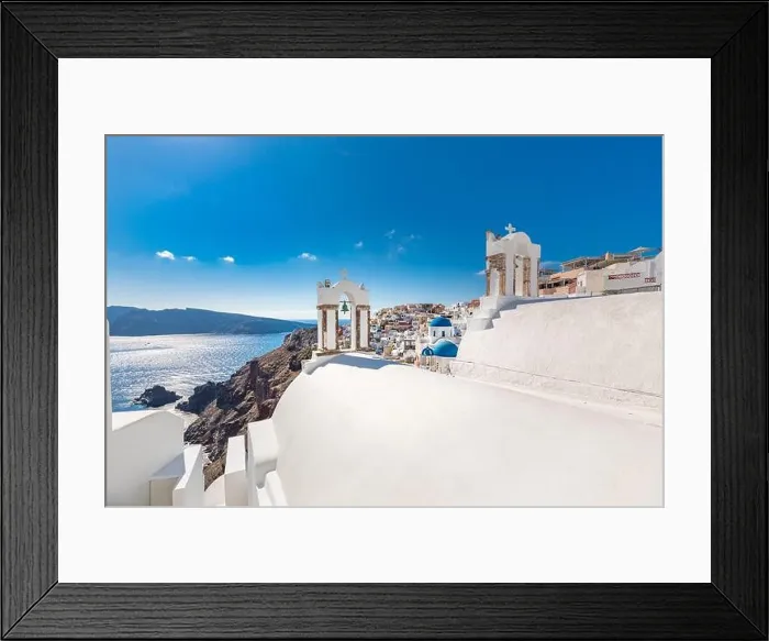 Framed Print : Amazingly beautiful travel landscape, summer scenery in Santorini, Greece. Blue sky and sea view with white architecture, inspirational vacation photo