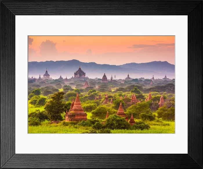 Framed Print : Bagan, Myanmar ancient temple ruins landscape in the archaeological zone at dusk Framed Print : Bagan, Myanmar ancient temple ruins landscape in the archaeological zone at dusk