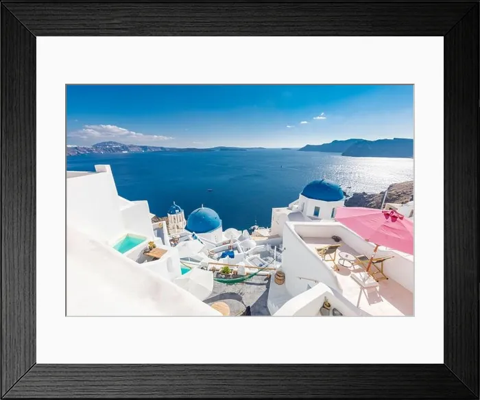 Framed Print : Amazingly beautiful travel landscape, summer scenery in Santorini, Greece. Blue sky and sea view with white architecture, inspirational vacation photo Framed Print : Amazingly beautiful travel landscape, summer scenery in Santorini, Greece. Blue sky and sea view with white architecture, inspirational vacation photo