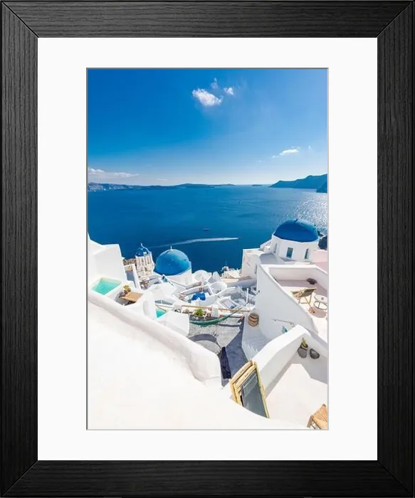 Framed Print : Amazingly beautiful travel landscape, summer scenery in Santorini, Greece. Blue sky and sea view with white architecture, inspirational vacation photo Framed Print : Amazingly beautiful travel landscape, summer scenery in Santorini, Greece. Blue sky and sea view with white architecture, inspirational vacation photo
