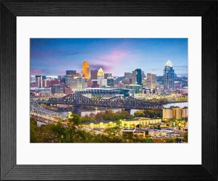 Framed Print : Cincinnati, Ohio, USA skyline on the river at dusk Framed Print : Cincinnati, Ohio, USA skyline on the river at dusk
