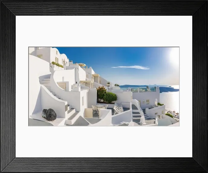 Framed Print : A panorama view of the caldera in Santorini in summertime. Amazing white architecture, fantastic travel destination, luxury resort, houses and sea Framed Print : A panorama view of the caldera in Santorini in summertime. Amazing white architecture, fantastic travel destination, luxury resort, houses and sea