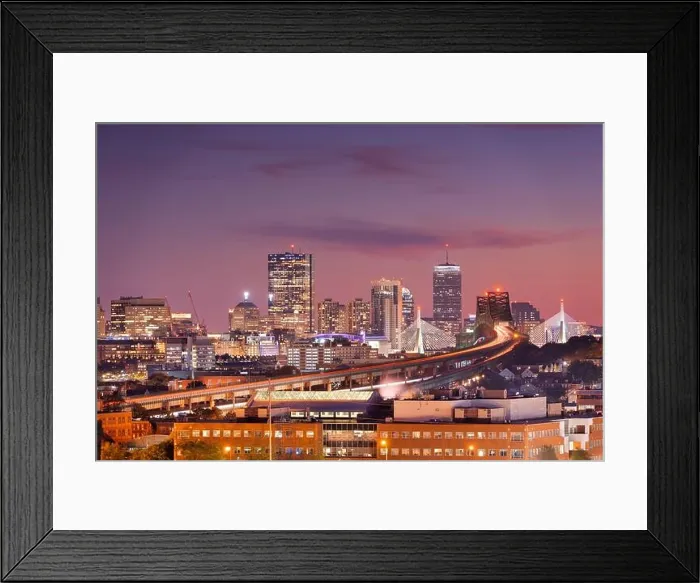 Framed Print : Boston, Massachusetts, USA skyline with bridges and highways at dusk Framed Print : Boston, Massachusetts, USA skyline with bridges and highways at dusk