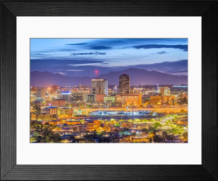 Framed Print : Tucson, Arizona, USA downtown skyline from Sentinel Peak at dawn Framed Print : Tucson, Arizona, USA downtown skyline from Sentinel Peak at dawn
