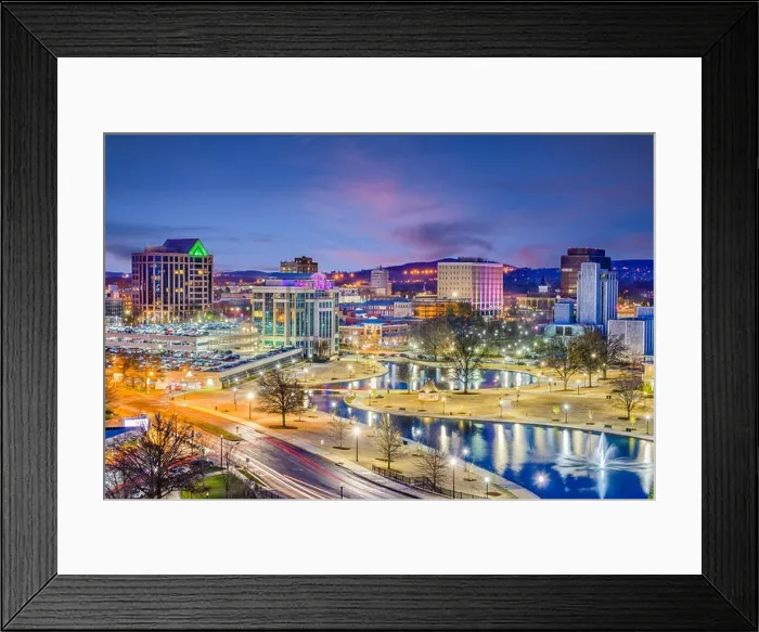 Framed Print : Huntsville, Alabama, USA park and downtown cityscape at twilight Framed Print : Huntsville, Alabama, USA park and downtown cityscape at twilight